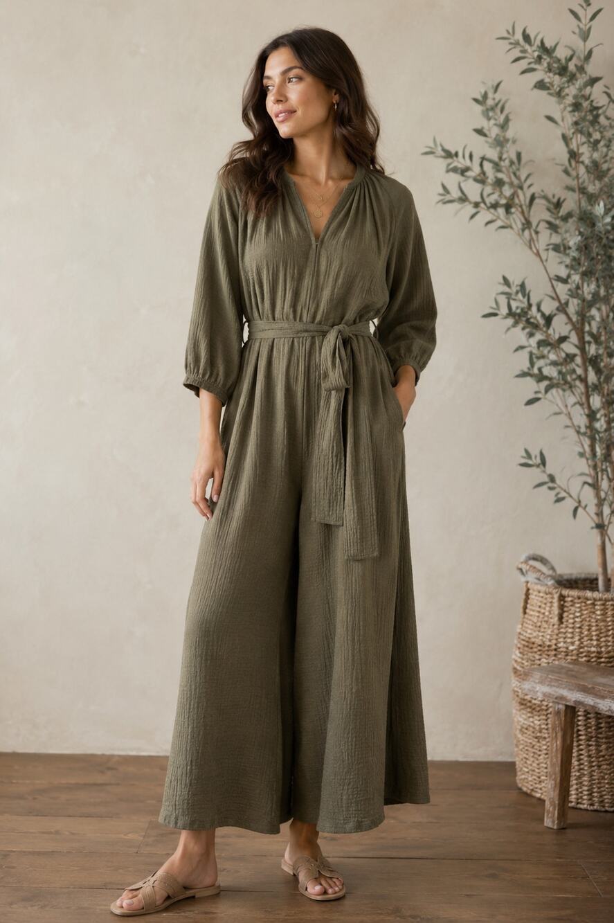 Apiece Apart Isla Belted Cropped Cotton Gauze Jumpsuit, Olive Green, Size 2